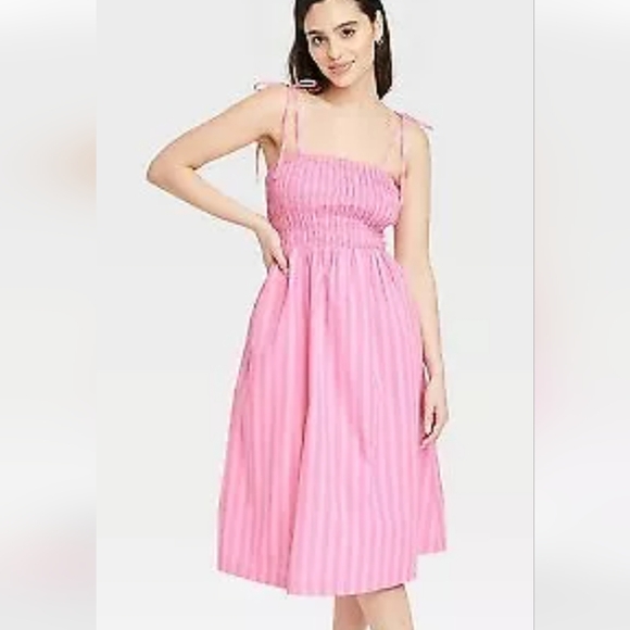 Relipop Women's Summer Midi Slip Dress - Ruched Bust, Tie Straps, Square Neck & Slit